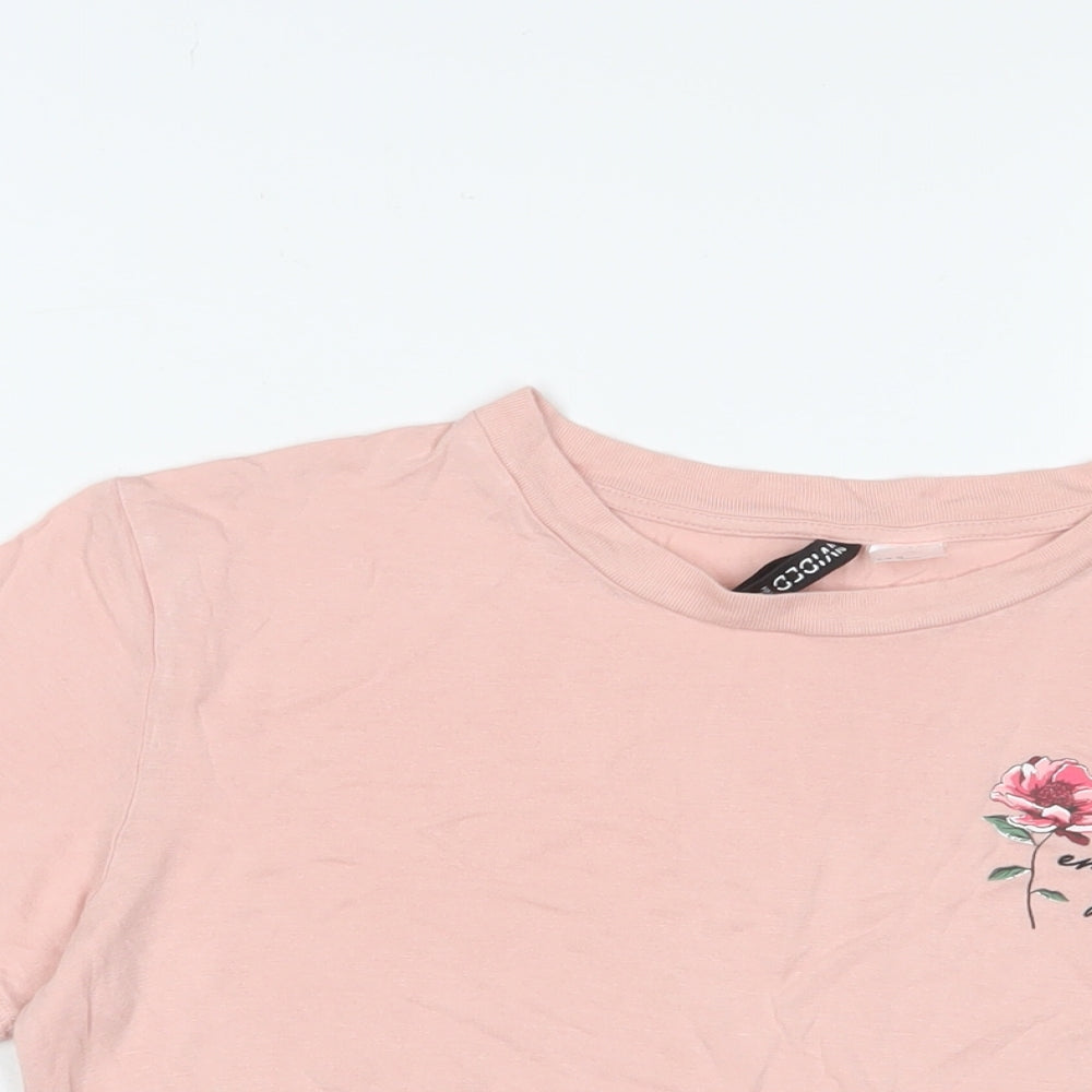 H&M Womens Pink Viscose Cropped T-Shirt Size M Crew Neck - Embroidered