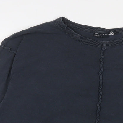 Close-up detail of ASOS women’s blue cotton basic t-shirt, size UK 8, crew neck