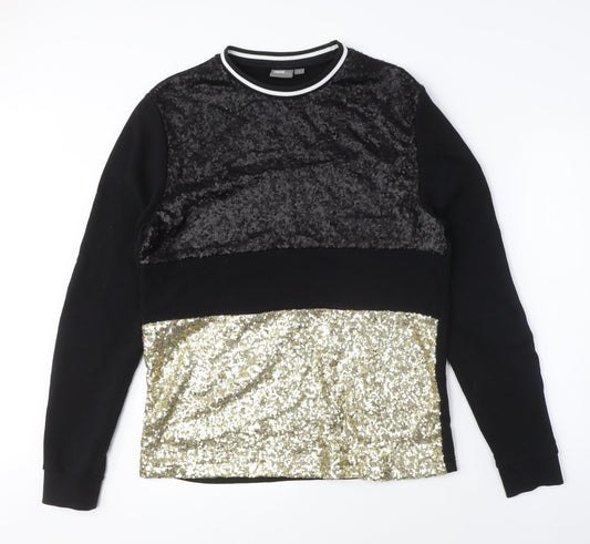 Women's Black Gold Sequin Pullover Sweatshirt, Size Regular