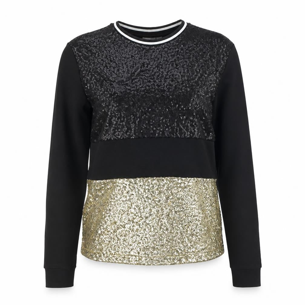 Women's Black Gold Sequin Pullover Sweatshirt, Size Regular