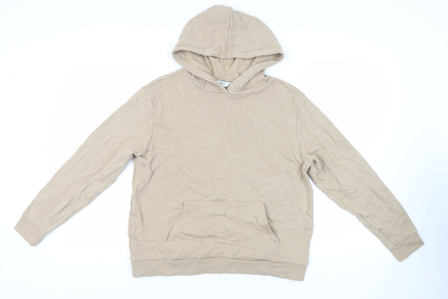 Marks and Spencer Mens Beige Cotton Pullover Hoodie Size M - Pockets