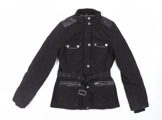 NEXT Womens Black Quilted Jacket Size 8 Zip - Belted