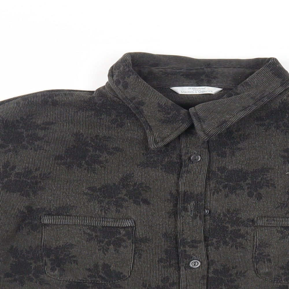 Marks and Spencer Womens Green Floral Cotton Basic Button-Up Size 14 Collared