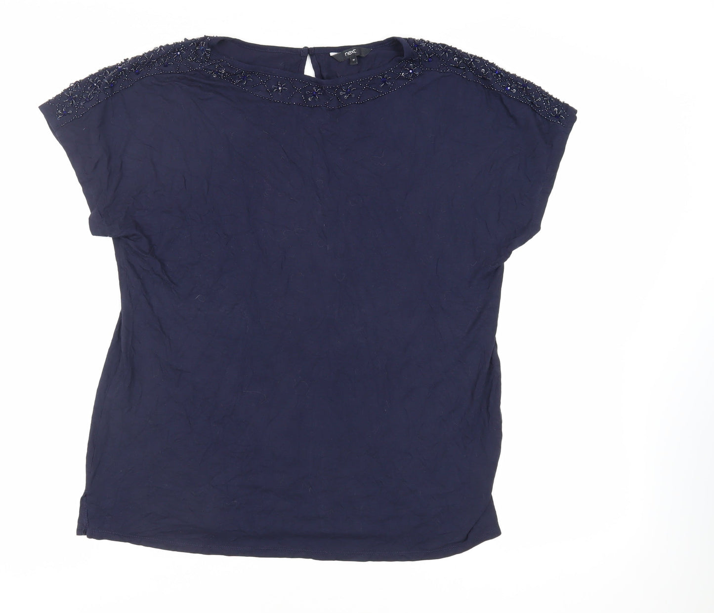 NEXT Womens Blue Viscose Basic T-Shirt Size 14 Boat Neck - Beaded