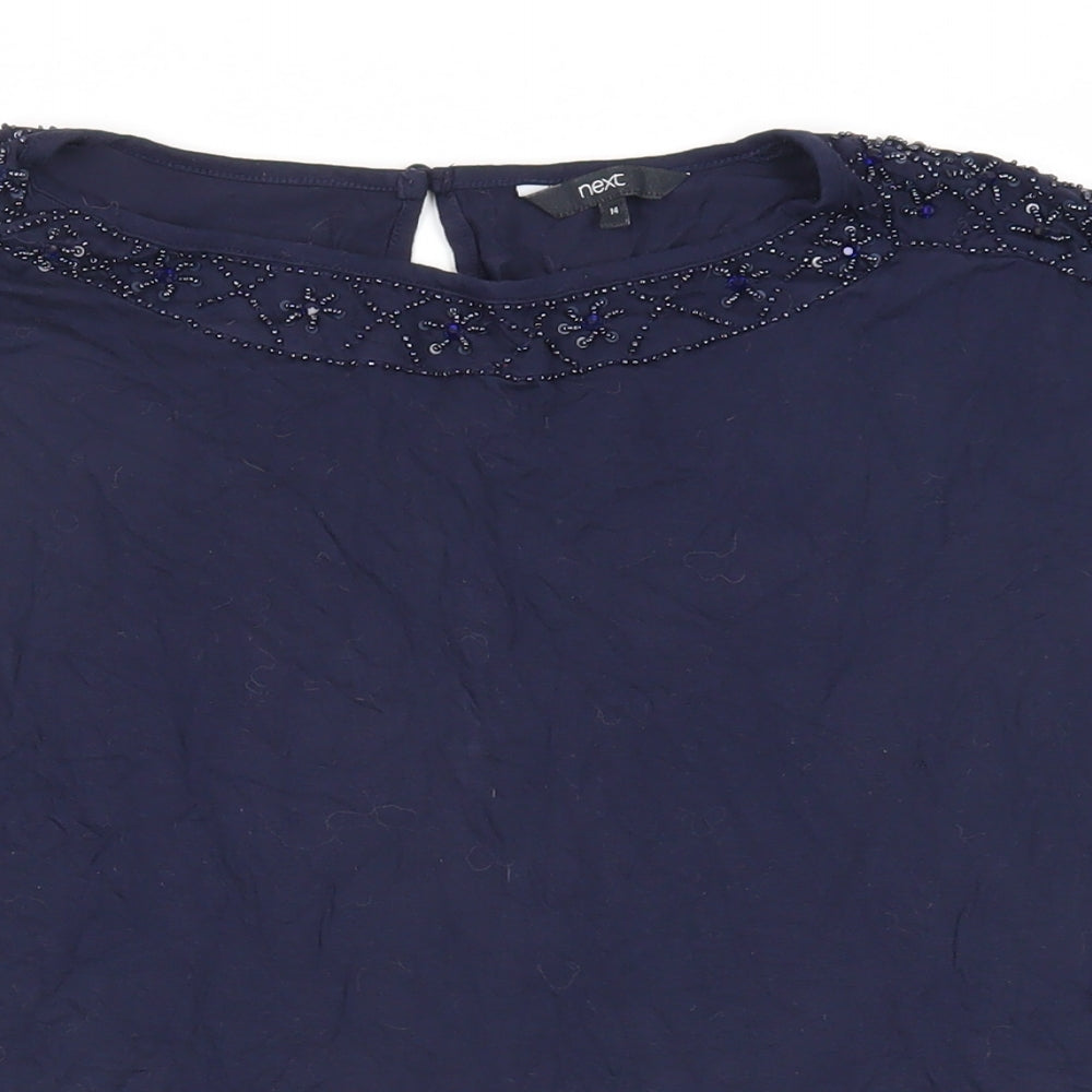 NEXT Womens Blue Viscose Basic T-Shirt Size 14 Boat Neck - Beaded