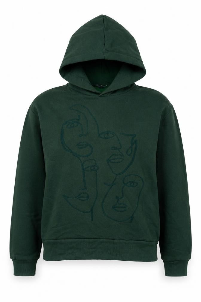 Zara Womens Green Cotton Pullover Hoodie Size S Pullover - Embraided face shapes