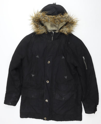 Additional front view of ASOS men’s black overcoat coat, size M, zip