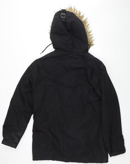 Back view of ASOS men’s black overcoat coat, size M, zip