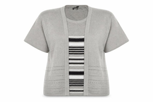 Bonmarché Womens Beige Round Neck Striped Acrylic Pullover Jumper Size XL - Cardigan Effect