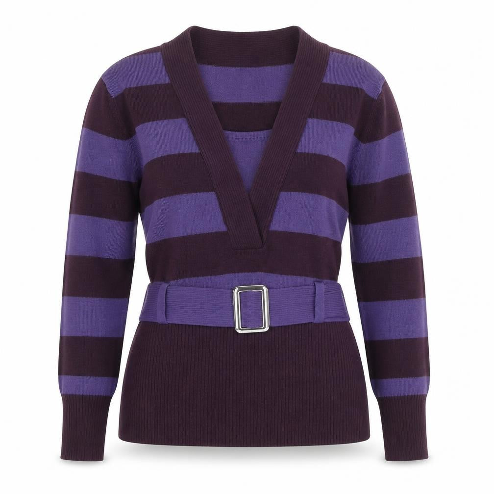 Zahara Womens Purple V-Neck Striped Acrylic Pullover Jumper Size M - Belt Detail
