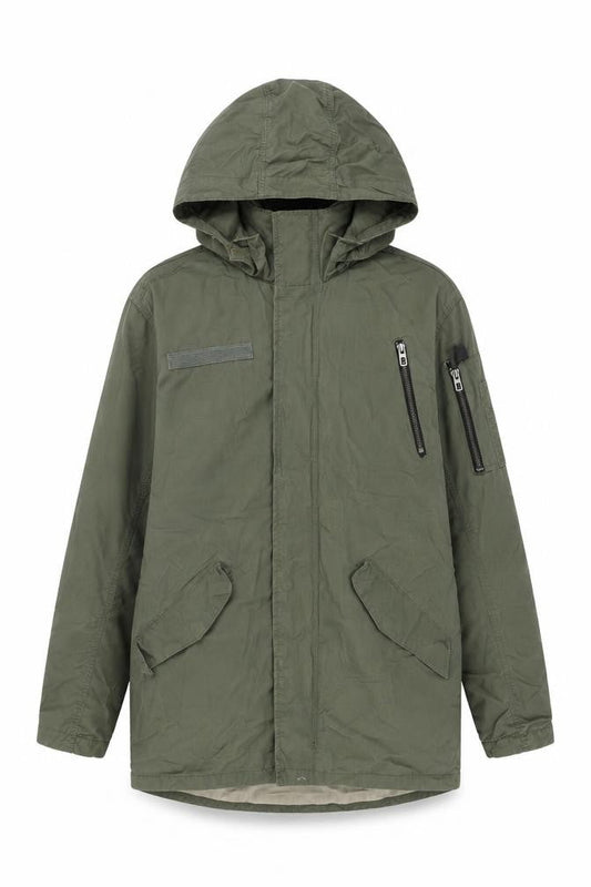 Front view of H&M boys’ green overcoat coat, size 13, years zip