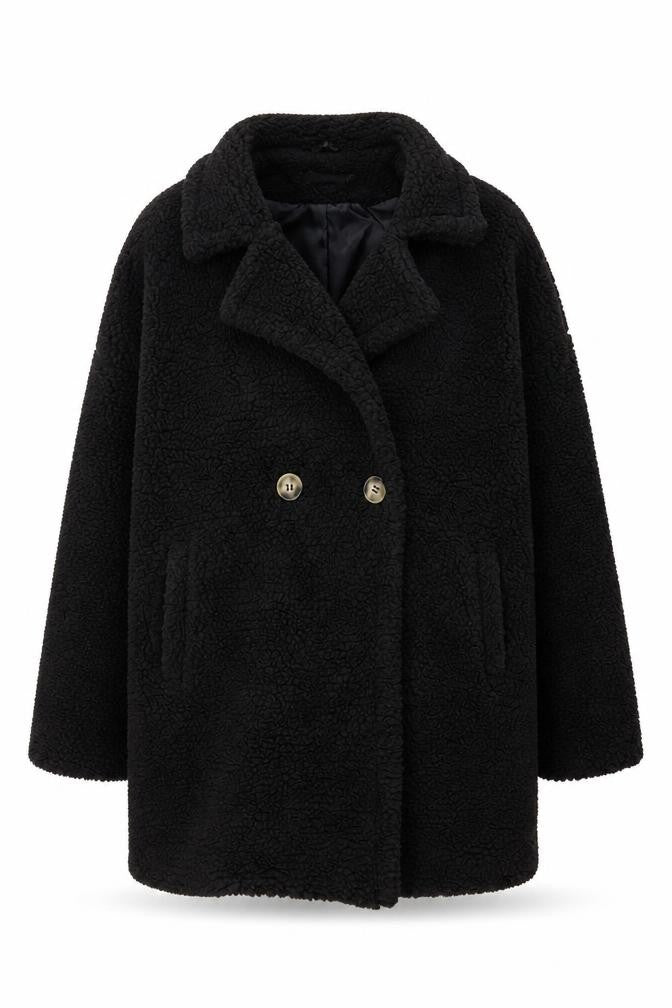 PRETTYLITTLETHING Womens Black Overcoat Coat Size 14 Button