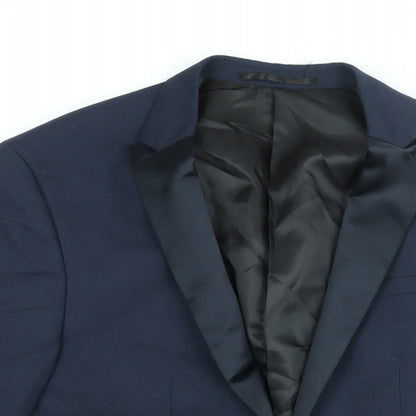 Close-up detail of ASOS men’s blue polyester jacket suit jacket, size 36, regular