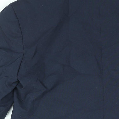 Brand and care label for ASOS men’s blue polyester jacket suit jacket, size 36, regular