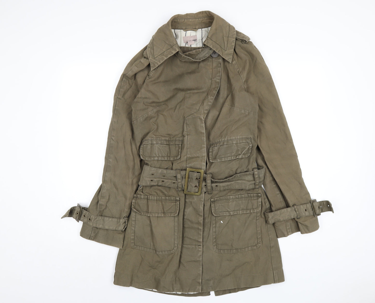 H&M Womens Green Trench Coat Coatigan Size 8 Button