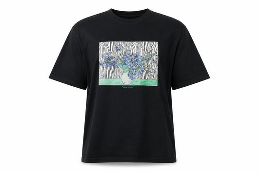 Front view of Vintage Supply women’s black cotton basic t-shirt, size L, round neck - vincent van gogh