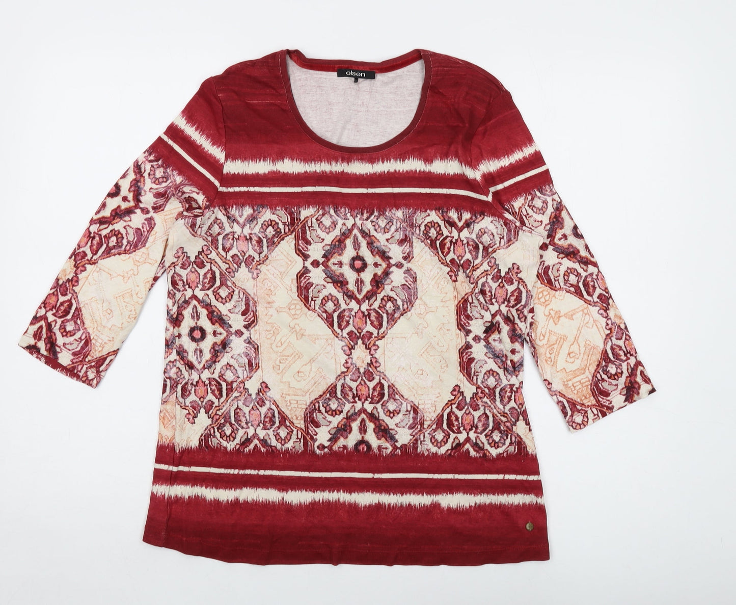 Olsen Womens Red Geometric Cotton Basic T-Shirt Size 18 Round Neck