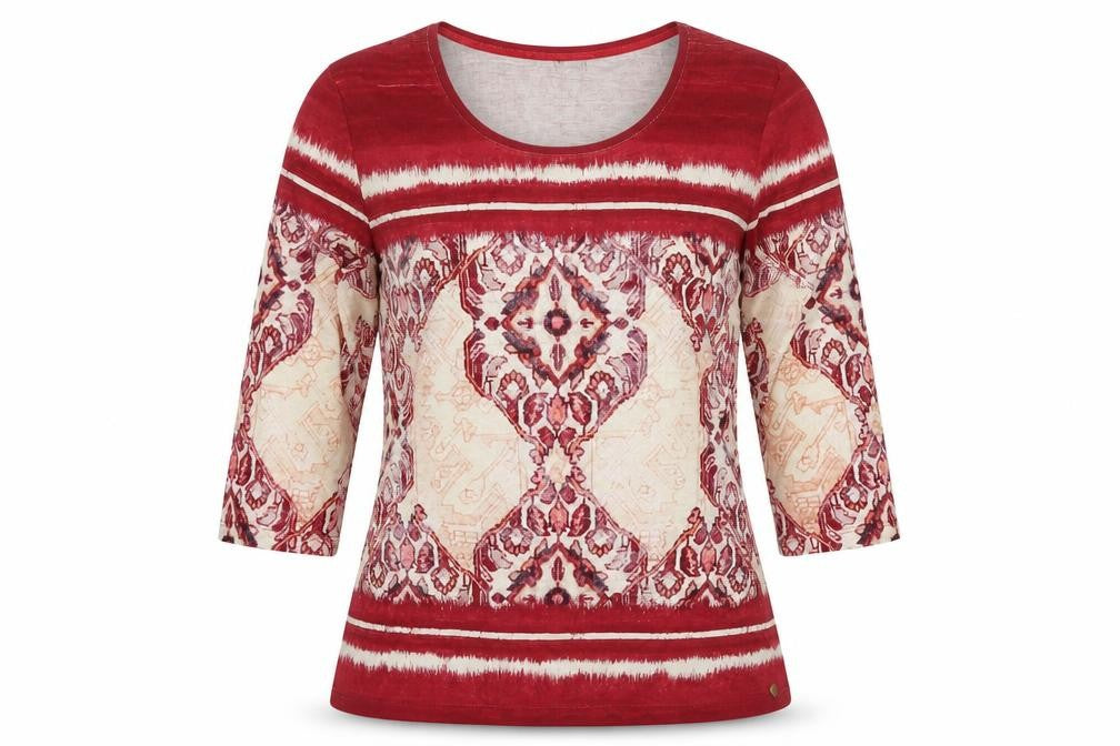 Olsen Womens Red Geometric Cotton Basic T-Shirt Size 18 Round Neck