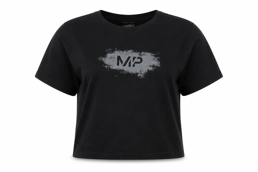Myprotein Womens Black Cotton Cropped T-Shirt Size L Crew Neck