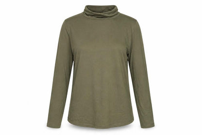 Front view of ASOS women’s green viscose basic t-shirt, size UK 10, roll neck