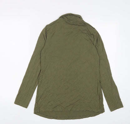 Back view of ASOS women’s green viscose basic t-shirt, size UK 10, roll neck