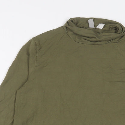 Close-up detail of ASOS women’s green viscose basic t-shirt, size UK 10, roll neck