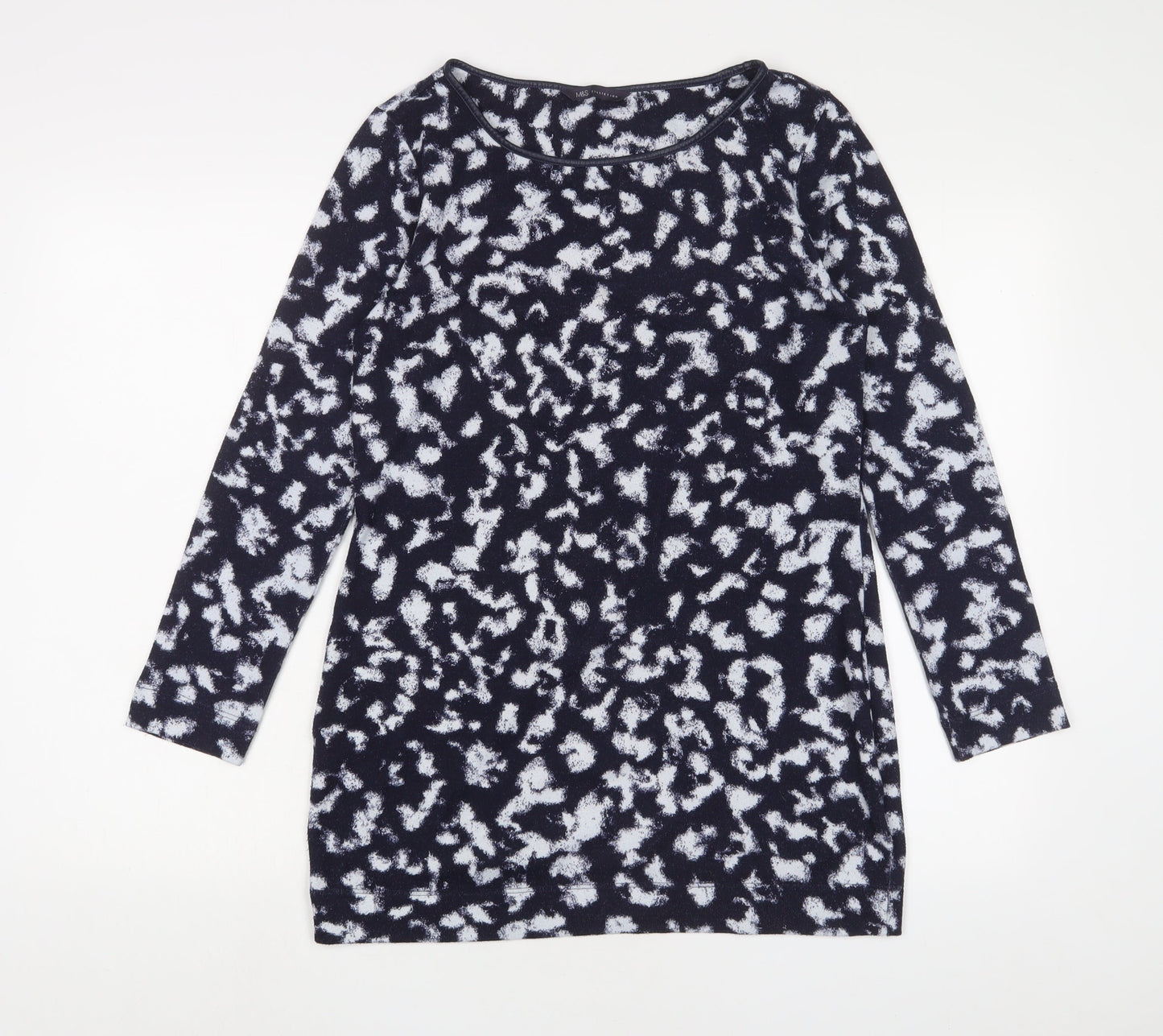 Marks and Spencer Womens Blue Geometric Polyester Basic T-Shirt Size 10 Boat Neck