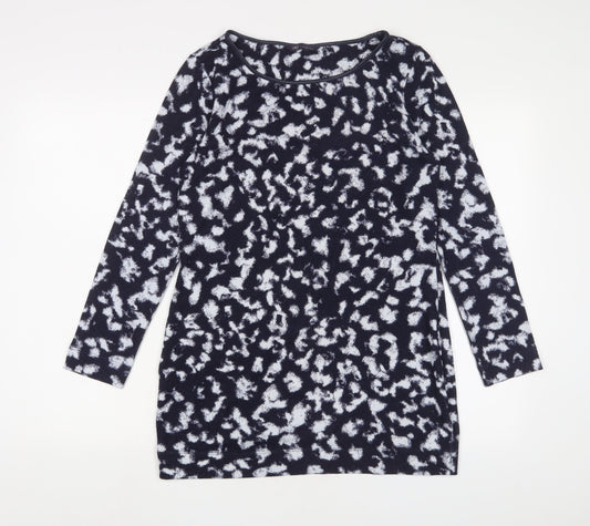 Marks and Spencer Womens Blue Geometric Polyester Basic T-Shirt Size 10 Boat Neck