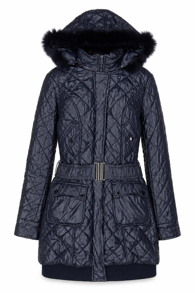 Jimika Womens Blue Quilted Coat Size S Zip - Belted