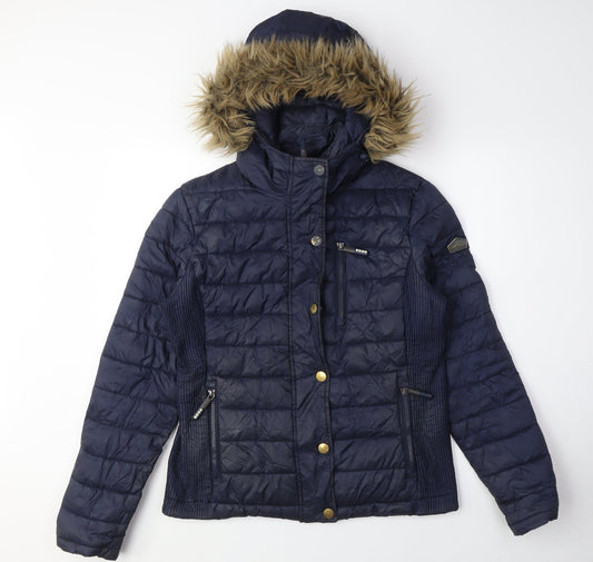 Women's Blue Puffer Jacket with Fur Hood - Medium