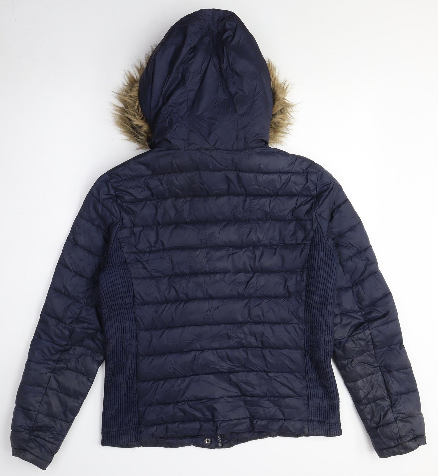 Women's Blue Puffer Jacket with Fur Hood - Medium