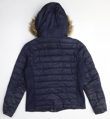 Women's Blue Puffer Jacket with Fur Hood - Medium