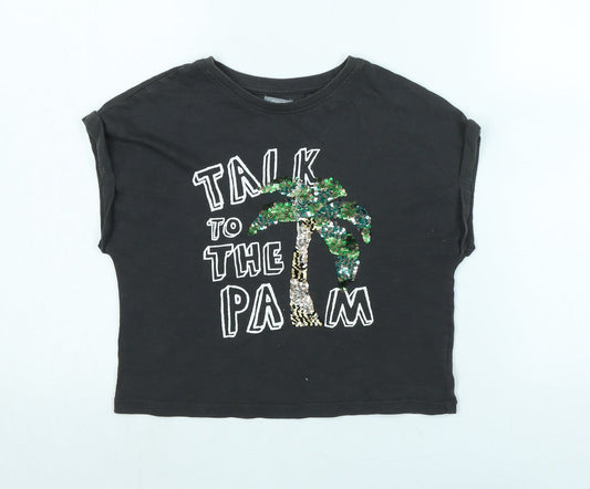 NEXT Girls Grey Cotton Basic T-Shirt Size 8 Years Crew Neck - Talk to the palm - Sequins