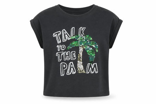 Front view of Next girls’ grey cotton basic t-shirt, size 8, years crew neck - talk to the palm - sequins