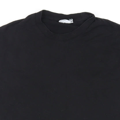 Close-up detail of ASOS women’s black cotton basic t-shirt, size L, crew neck