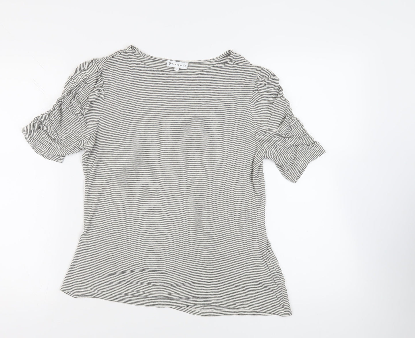 Warehouse Womens Black Striped Viscose Basic T-Shirt Size 12 Boat Neck - Ruched Sleeves