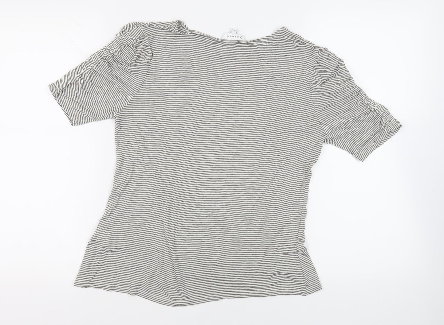 Warehouse Womens Black Striped Viscose Basic T-Shirt Size 12 Boat Neck - Ruched Sleeves