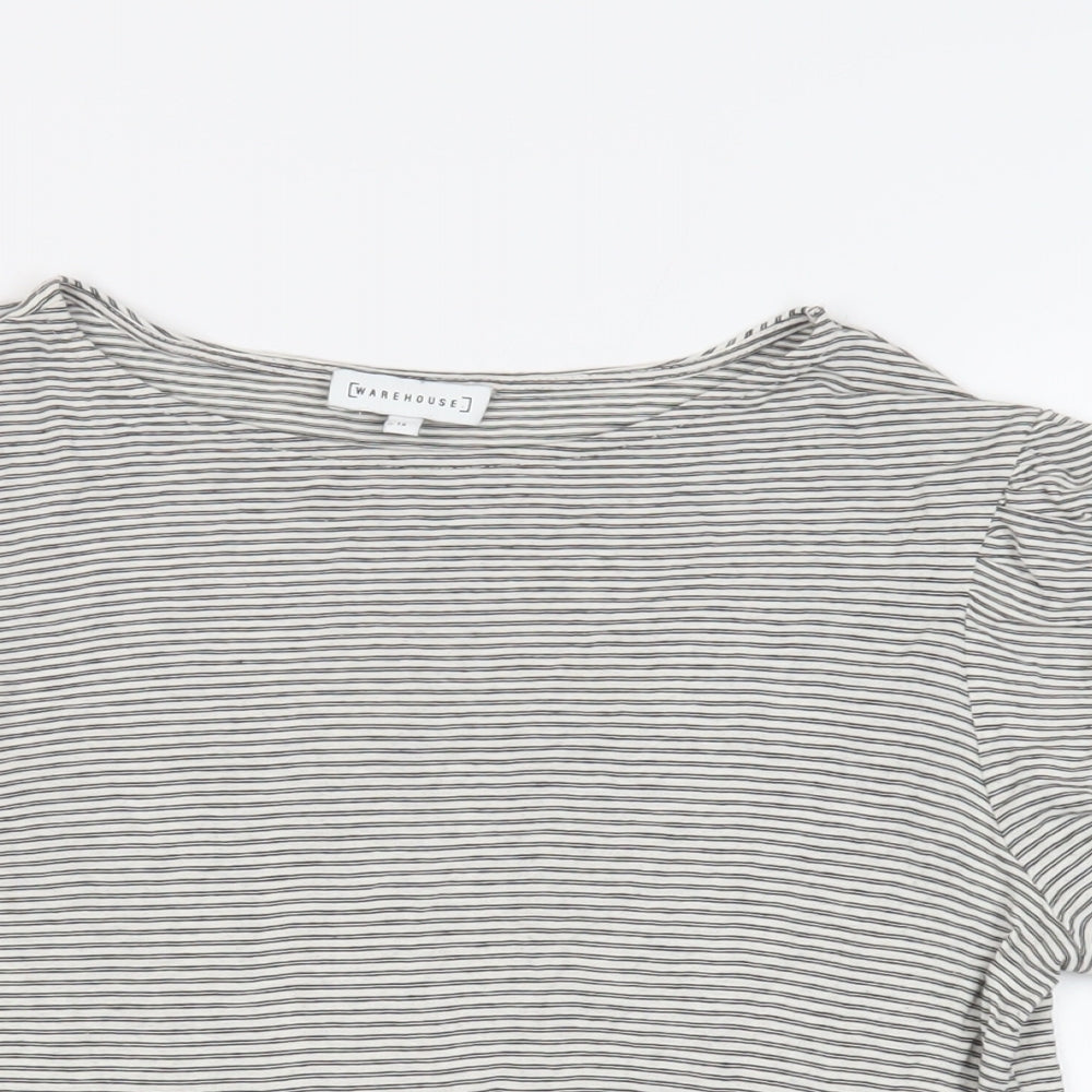 Warehouse Womens Black Striped Viscose Basic T-Shirt Size 12 Boat Neck - Ruched Sleeves