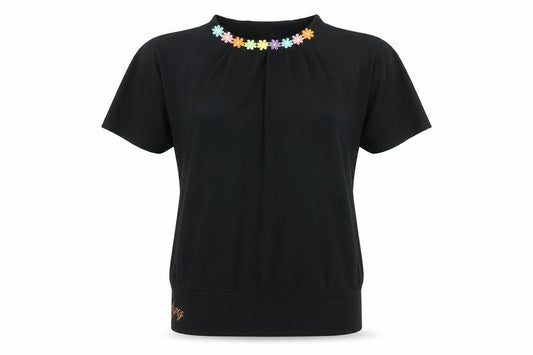 Urban Goddess Womens Black Floral Cotton Basic T-Shirt Size L Round Neck