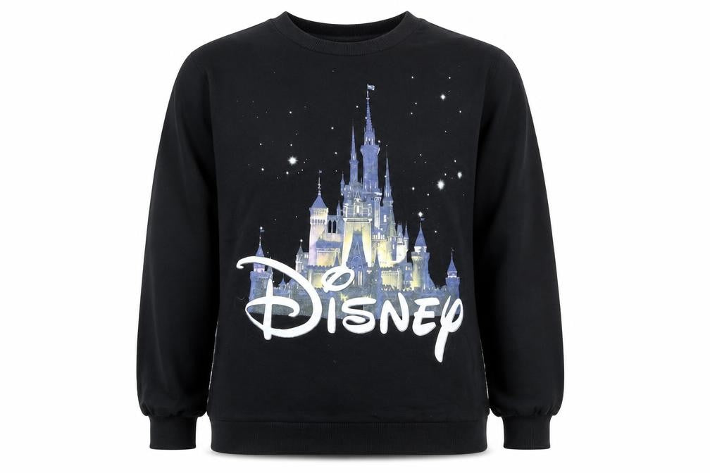 Disney Womens Black Cotton Pullover Sweatshirt Size 10 Pullover - Mesh Sleeves, Disney Castle