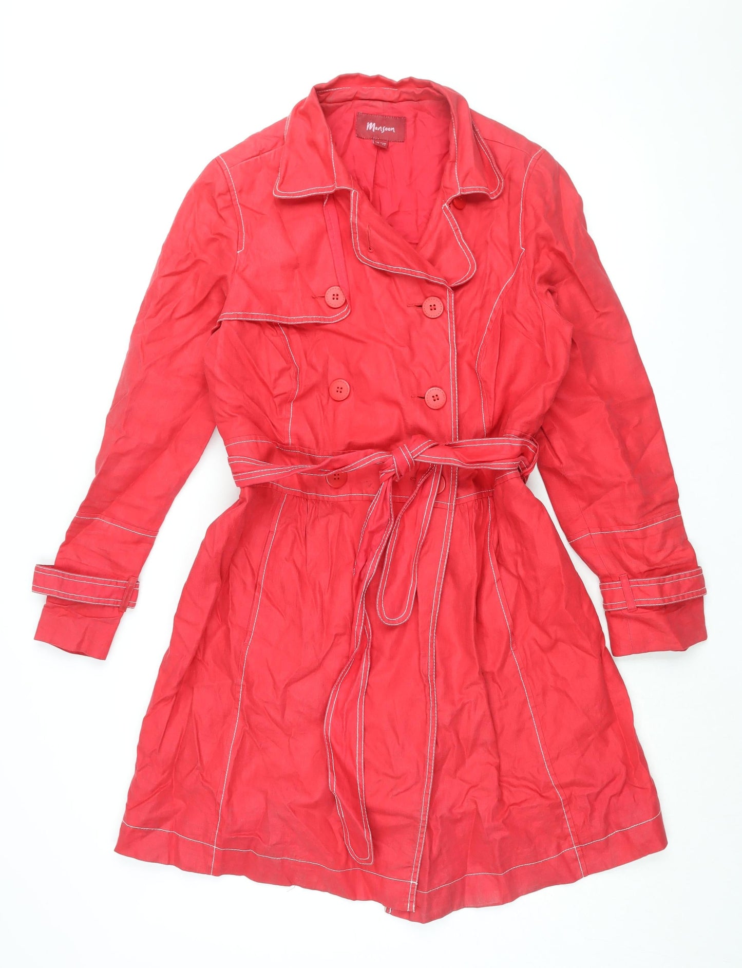 Monsoon Womens Red Trench Coat Coat Size 14 Button - Belted