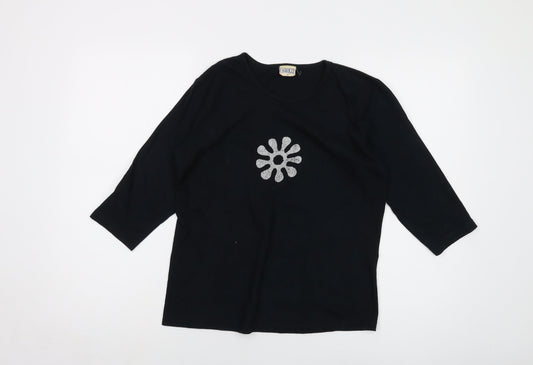Earth Womens Black Cotton Basic T-Shirt Size S Round Neck