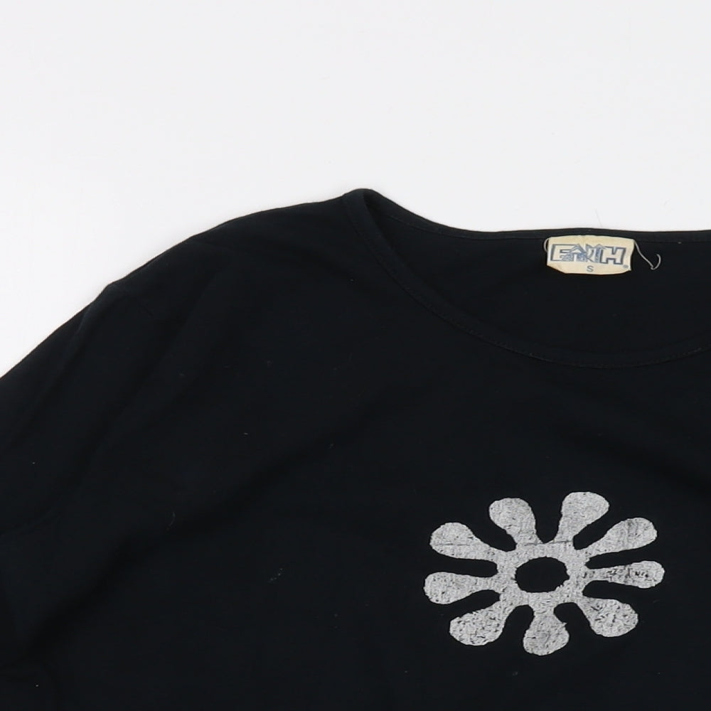 Earth Womens Black Cotton Basic T-Shirt Size S Round Neck