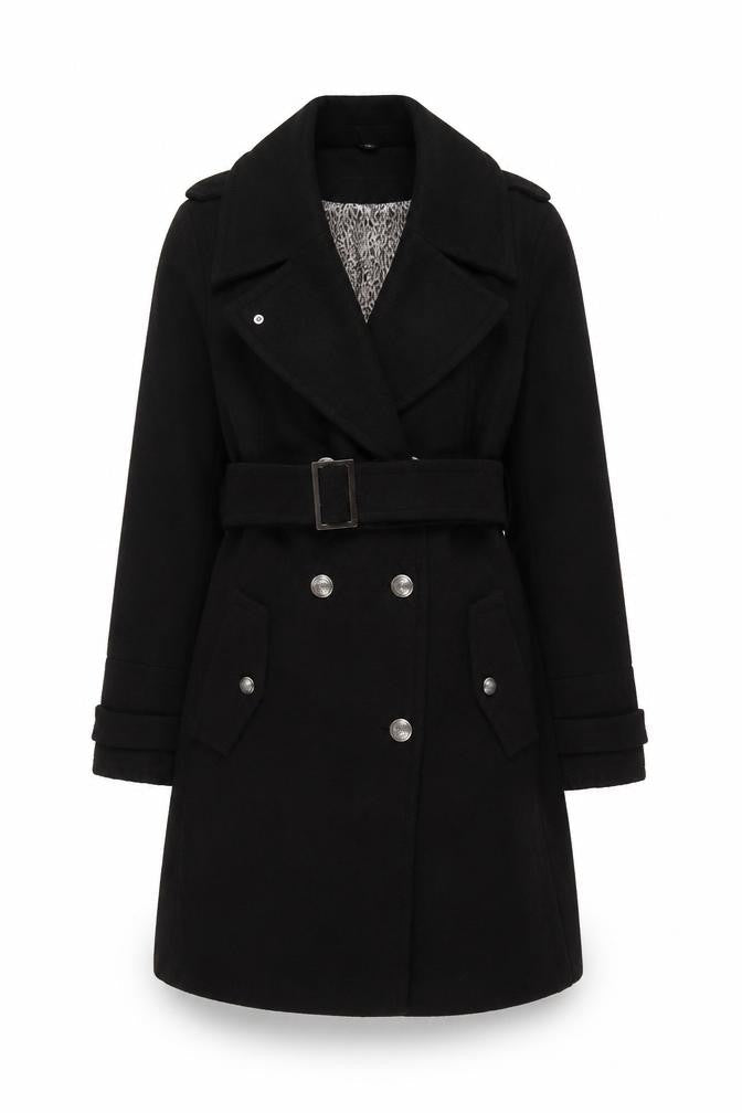 Marks & Spencer Womens Black Overcoat Coat Size 12 Button - Belted
