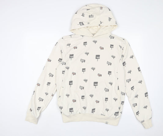 Blend Mens Beige Geometric Cotton Pullover Hoodie Size M