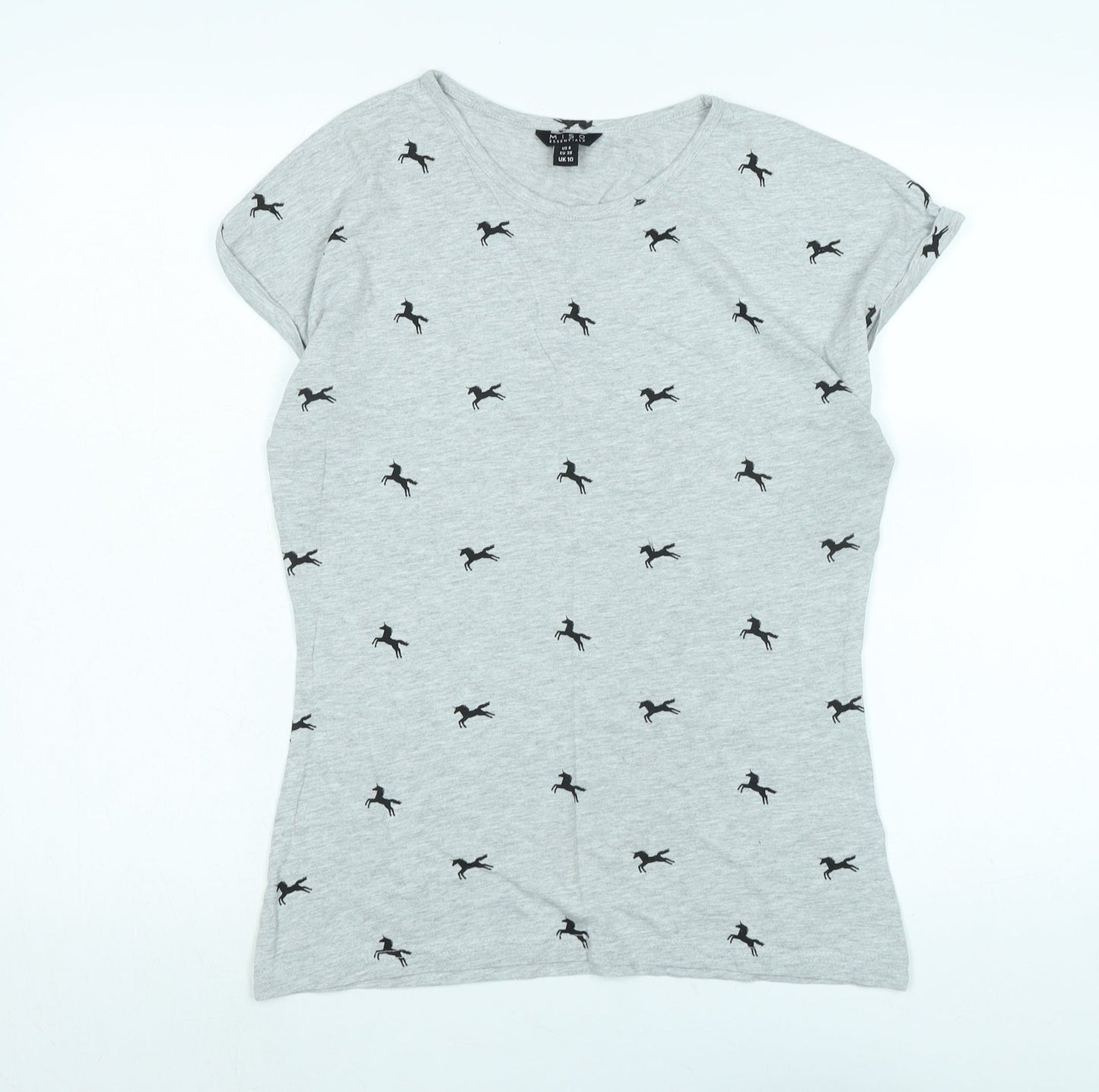 Miso Womens Grey Cotton Basic T-Shirt Size 10 Scoop Neck - Unicorns