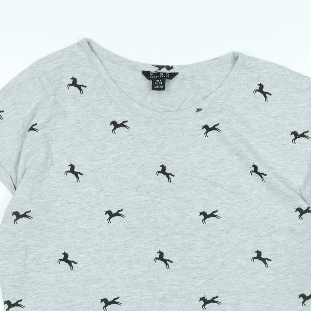 Miso Womens Grey Cotton Basic T-Shirt Size 10 Scoop Neck - Unicorns