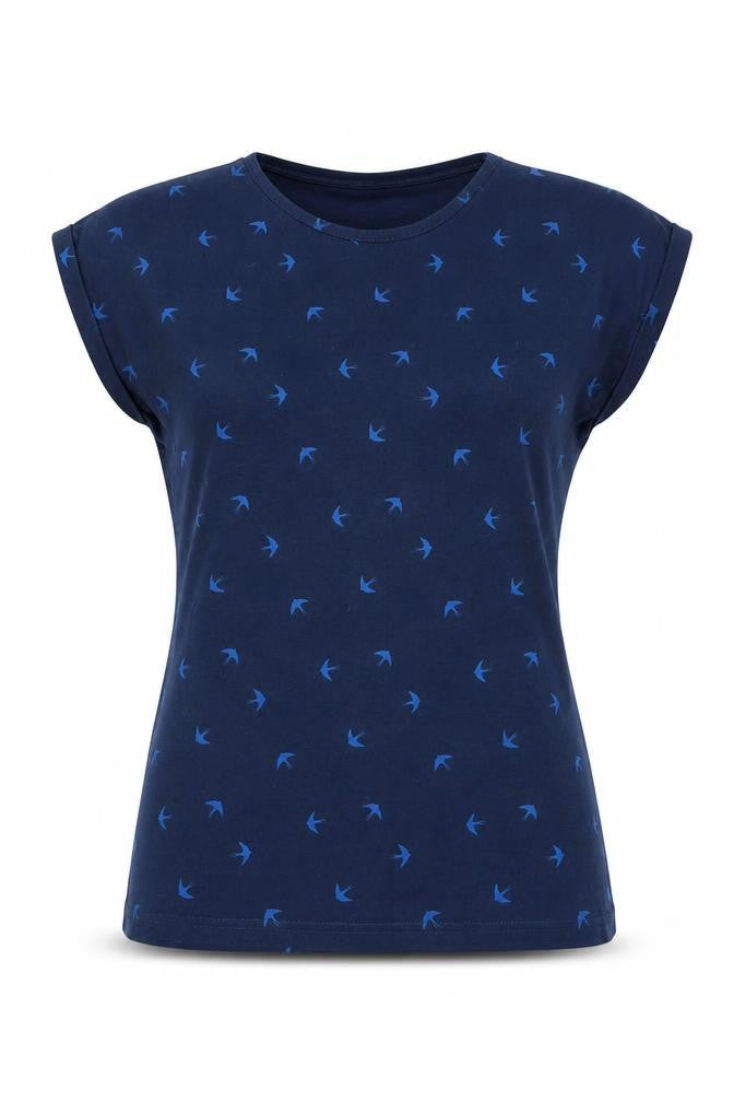 Miso Womens Blue Cotton Basic T-Shirt Size 10 Scoop Neck - Birds