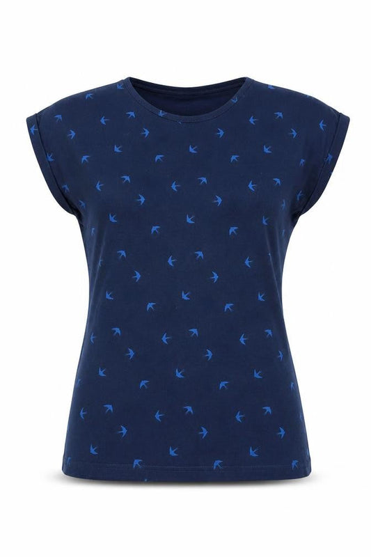 Miso Womens Blue Cotton Basic T-Shirt Size 10 Scoop Neck - Birds