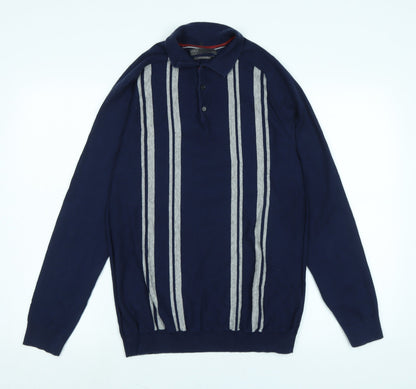 Marks & Spencer Mens Blue Collared Cotton Pullover Jumper Size M Long Sleeve